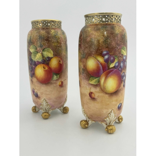 782 - John Freeman for Royal Worcester a pair of fruit painted vases, circa 1960, cylindrical elongated ov... 