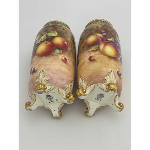 782 - John Freeman for Royal Worcester a pair of fruit painted vases, circa 1960, cylindrical elongated ov... 