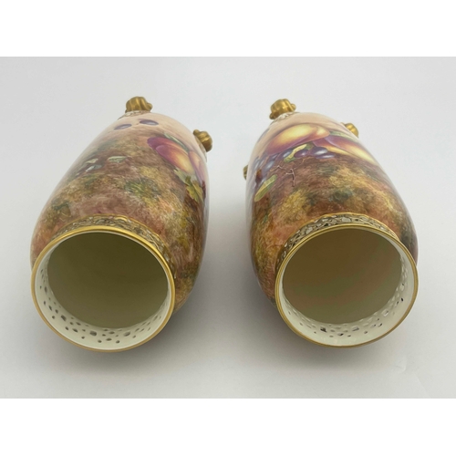 782 - John Freeman for Royal Worcester a pair of fruit painted vases, circa 1960, cylindrical elongated ov... 