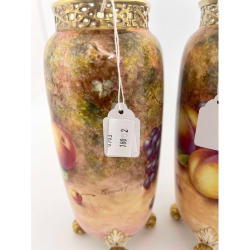 782 - John Freeman for Royal Worcester a pair of fruit painted vases, circa 1960, cylindrical elongated ov... 