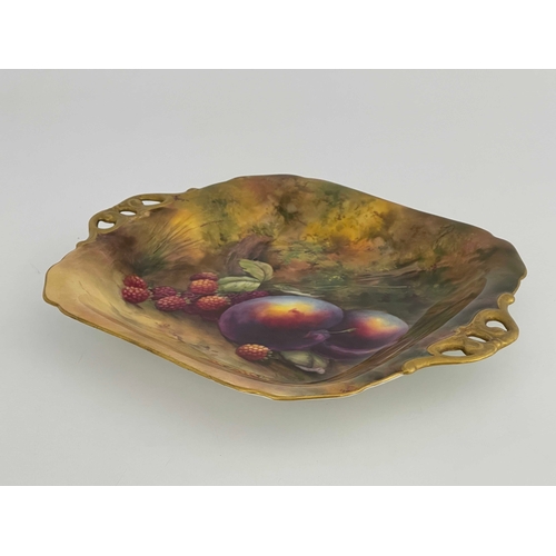 783 - Horace Price for Royal Worcester, a fruit painted plate, circa 1926, square twin handled form, decor... 