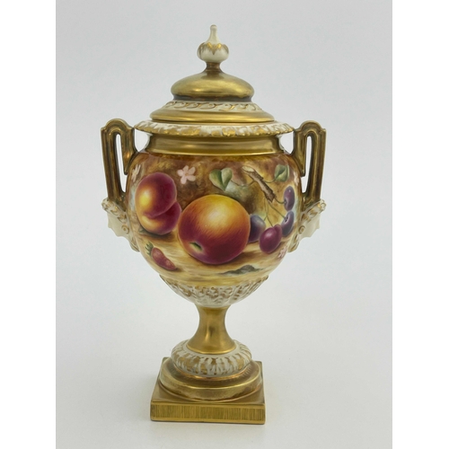 786 - P Done for Royal Worcester, a fruit painted vase and cover, circa 2000, globular pedestal twin handl... 