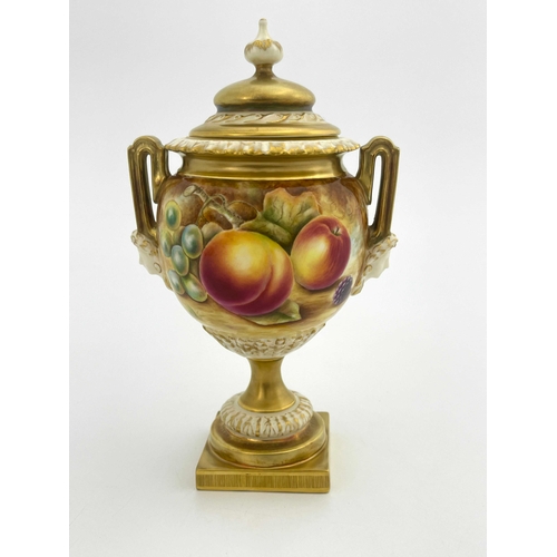 786 - P Done for Royal Worcester, a fruit painted vase and cover, circa 2000, globular pedestal twin handl... 