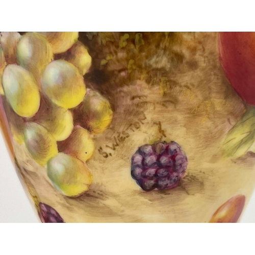 787 - S Weston for Royal Worcester, a pair of fruit painted pedestal vases and covers, ovoid footed form, ... 