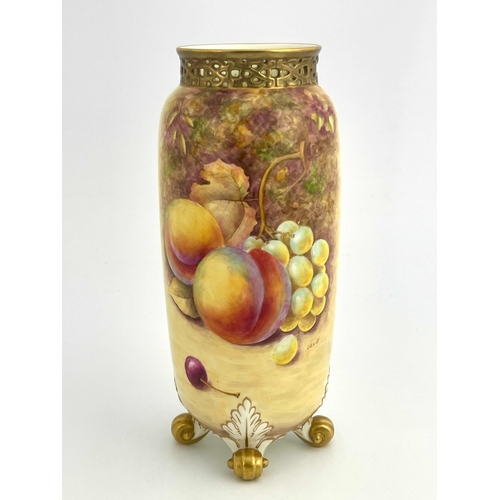 788 - J Reed for Royal Worcester a fruit painted vase, circa 1960, cylindrical elongated ovoid form, decor... 