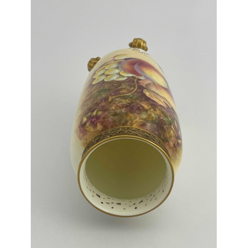 788 - J Reed for Royal Worcester a fruit painted vase, circa 1960, cylindrical elongated ovoid form, decor... 