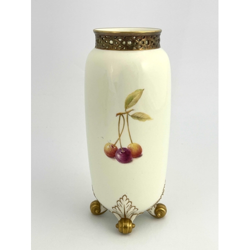 788 - J Reed for Royal Worcester a fruit painted vase, circa 1960, cylindrical elongated ovoid form, decor... 