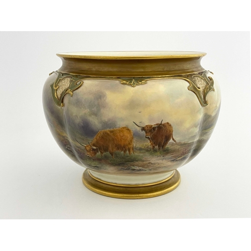 790 - John Stinton for Royal Worcester, a Highland cattle painted jardiniere, 1915, quarter-lobed circular... 