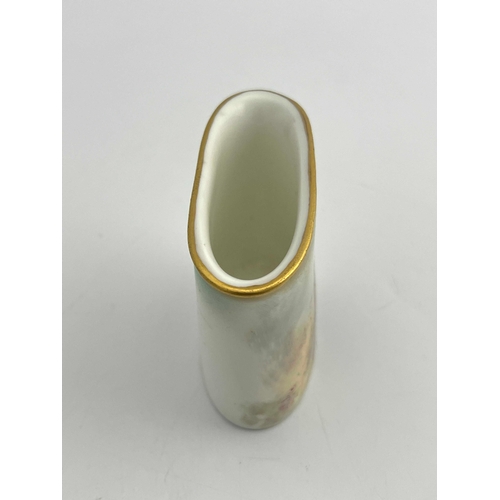 791 - James Stinton for Royal Worcester, a pheasant painted spill vase, 1941, straight sided oval form wit... 