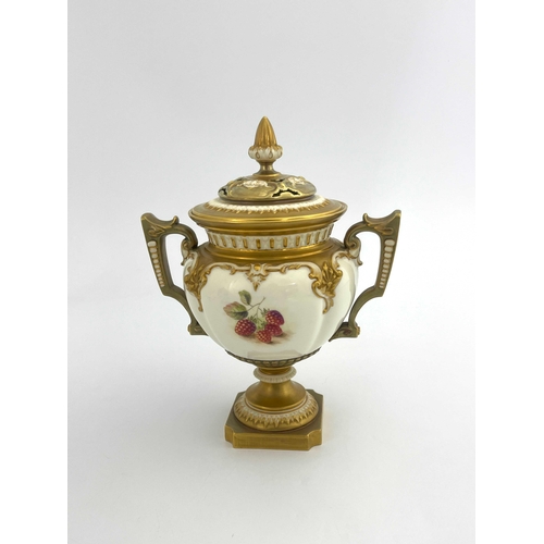 792 - Harry Ayrton for Royal Worcester, a fruit painted pot pourri vase and cover, mid 20th century, decor... 