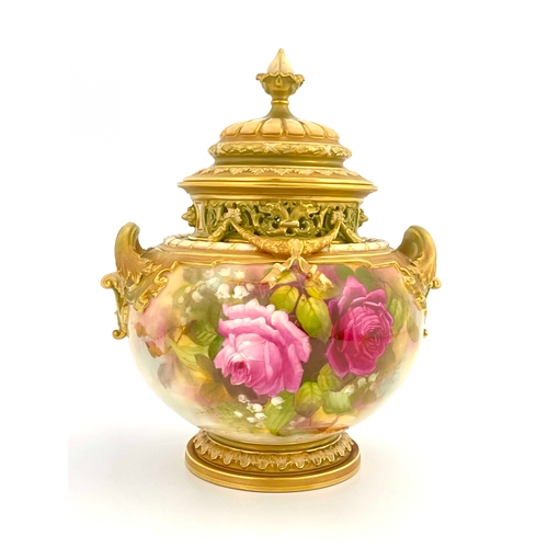 794 - R Austin for Royal Worcester, a rose painted Bow vase, 1913, ovoid twin handled form, decorated with... 