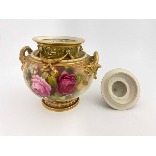 794 - R Austin for Royal Worcester, a rose painted Bow vase, 1913, ovoid twin handled form, decorated with... 