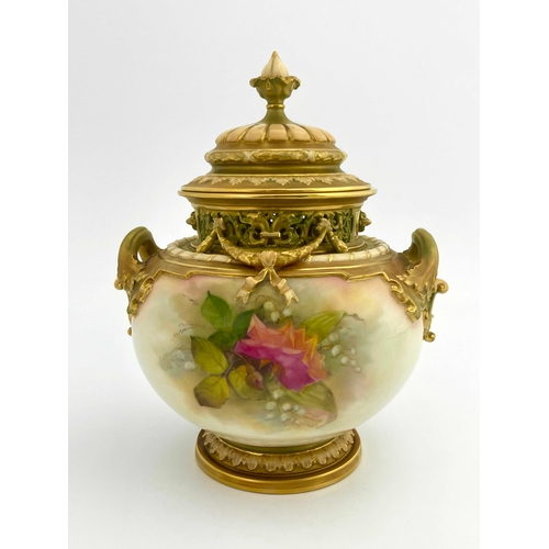 794 - R Austin for Royal Worcester, a rose painted Bow vase, 1913, ovoid twin handled form, decorated with... 