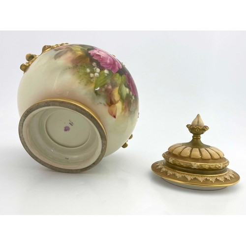 794 - R Austin for Royal Worcester, a rose painted Bow vase, 1913, ovoid twin handled form, decorated with... 