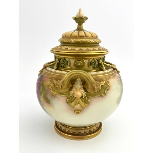 794 - R Austin for Royal Worcester, a rose painted Bow vase, 1913, ovoid twin handled form, decorated with... 