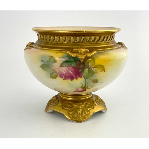 799 - A Royal Worcester rose painted jardiniere, shouldered squat ovoid form, 1930, decorated with pink ro... 