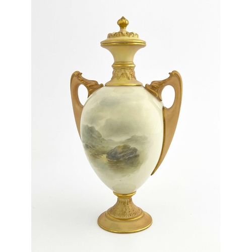 801 - John Stinton for Royal Worcester, a Highland Cattle painted pedestal vase and cover,  ovoid form, 19... 