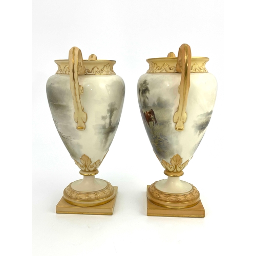 802 - John Stinton pair of Worcester vases, Grainger, twin handled pedestal form, painted with watering ca... 