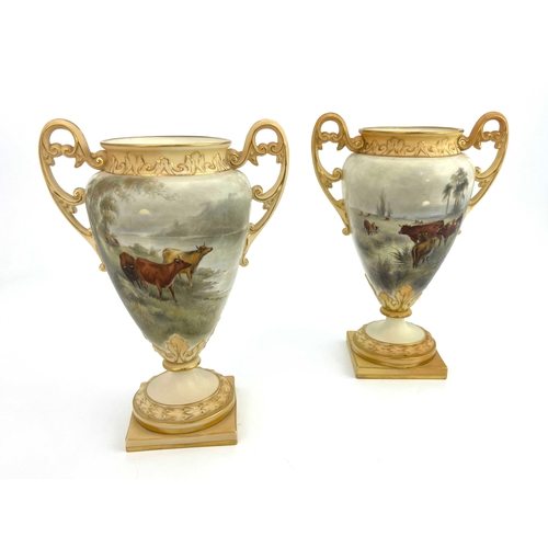 802 - John Stinton pair of Worcester vases, Grainger, twin handled pedestal form, painted with watering ca... 