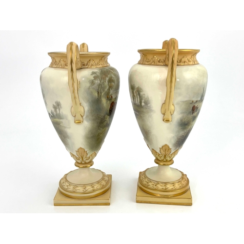 802 - John Stinton pair of Worcester vases, Grainger, twin handled pedestal form, painted with watering ca... 