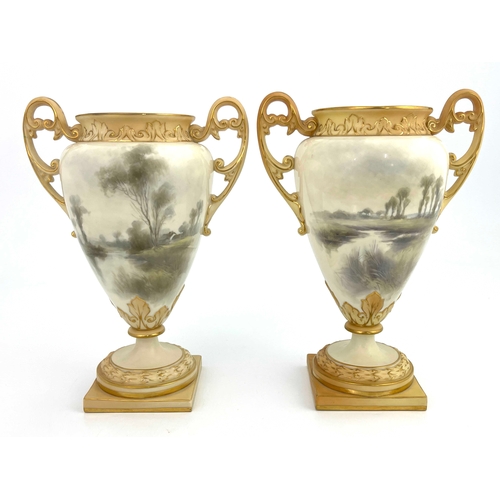 802 - John Stinton pair of Worcester vases, Grainger, twin handled pedestal form, painted with watering ca... 