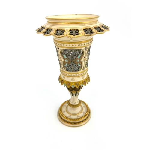 803 - A Royal Worcester reticulated Persian style vase, pedestal chalice form, relief moulded and pierced ... 