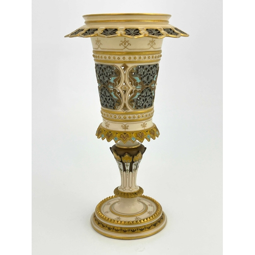 803 - A Royal Worcester reticulated Persian style vase, pedestal chalice form, relief moulded and pierced ... 