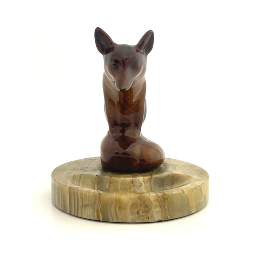 813 - A Royal Doulton Kingsware figure ashtray, modelled as a fox, mounted on an onyx troughed dish, 17cm ... 