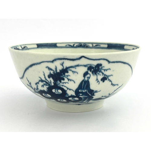 816 - A Worcester blue and white bowl, circa 1765, a variation of the Arabesque Reserve with figures from ... 