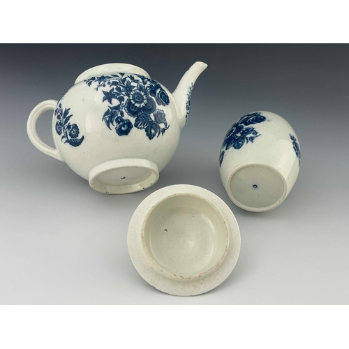 826 - A Caughley blue and white teapot and tea caddy, C mark, circa 1780, Three Flowers pattern to each, t... 