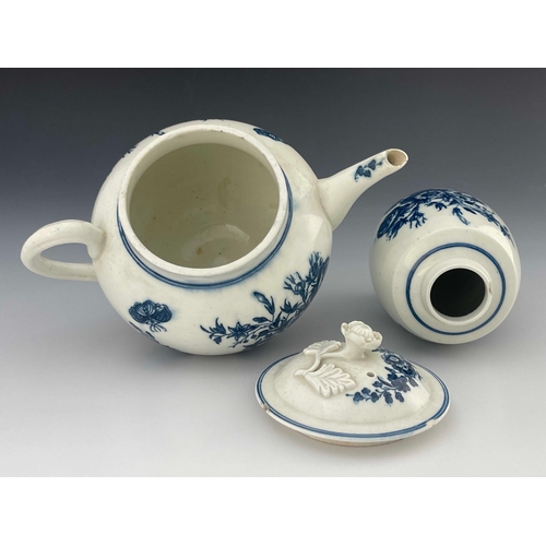 826 - A Caughley blue and white teapot and tea caddy, C mark, circa 1780, Three Flowers pattern to each, t... 