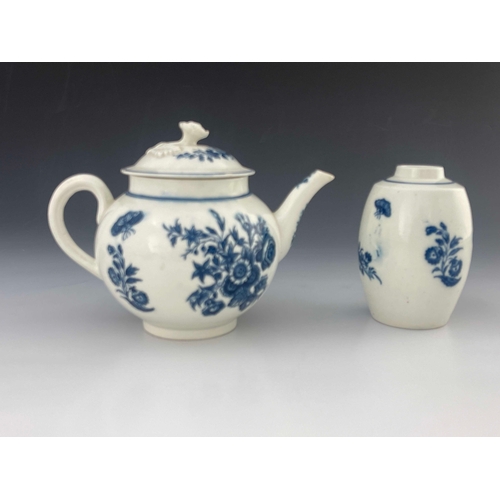 826 - A Caughley blue and white teapot and tea caddy, C mark, circa 1780, Three Flowers pattern to each, t... 