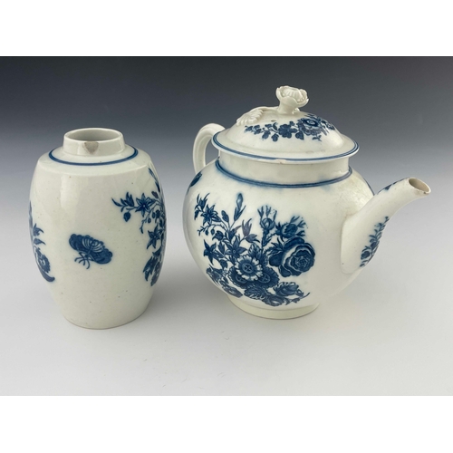 826 - A Caughley blue and white teapot and tea caddy, C mark, circa 1780, Three Flowers pattern to each, t... 