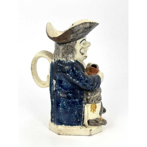 833 - A Staffordshire Prattware Toby jug, Ralph Wood mould, circa 1800, modelled sitting with a frothing j... 