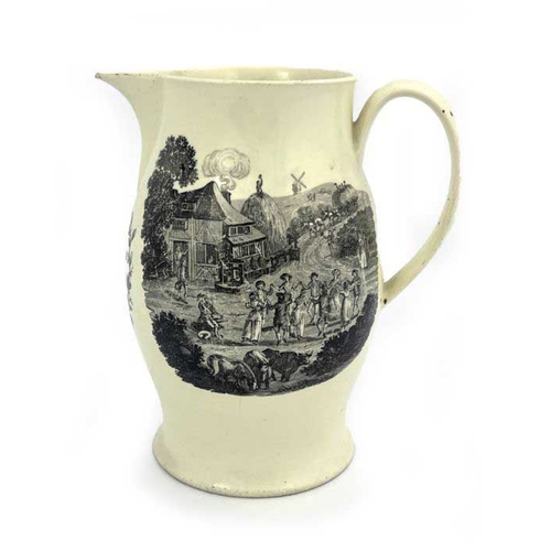 834 - A Liverpool creamware transfer printed jug, dated 1791, dedicated to James Mills Rustcroft, between ... 