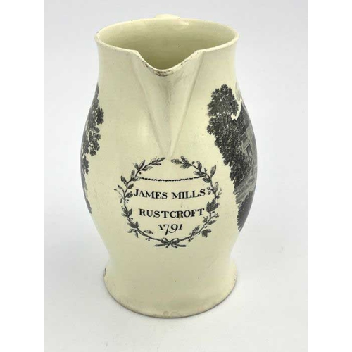 834 - A Liverpool creamware transfer printed jug, dated 1791, dedicated to James Mills Rustcroft, between ... 