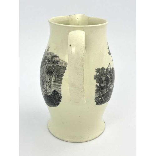 834 - A Liverpool creamware transfer printed jug, dated 1791, dedicated to James Mills Rustcroft, between ... 