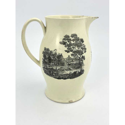 834 - A Liverpool creamware transfer printed jug, dated 1791, dedicated to James Mills Rustcroft, between ... 