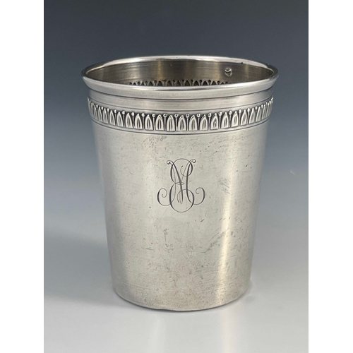 10 - A 19th century French silver beaker, Louis Coignet, Paris circa 1890, conical form, embossed with a ... 