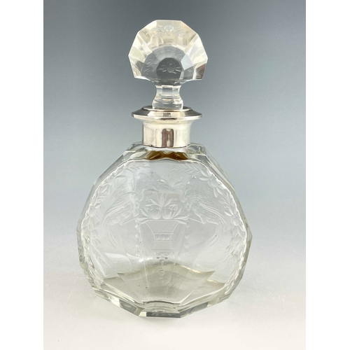 13 - A Belgian cut glass and silver mounted scent bottle, probably Val St Lambert, faceted geometric form... 