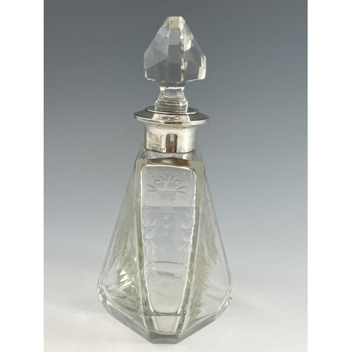 13 - A Belgian cut glass and silver mounted scent bottle, probably Val St Lambert, faceted geometric form... 