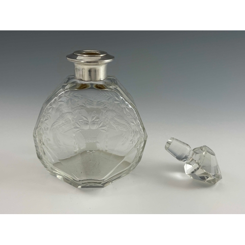 13 - A Belgian cut glass and silver mounted scent bottle, probably Val St Lambert, faceted geometric form... 