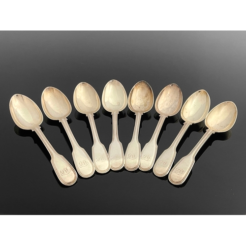 41 - A set of eight Victorian silver dessert spoons, William Eaton, London 1845, Fiddle and Thread patter... 