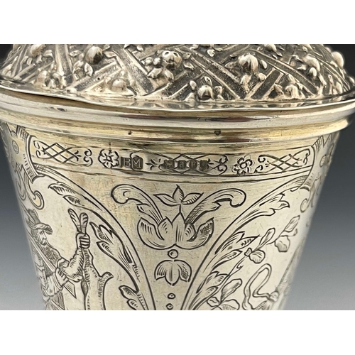 5 - A Hanau parcel gilt silver hunting chalice and cover, pseudo marks for Riga, Latvia, import marks fo... 