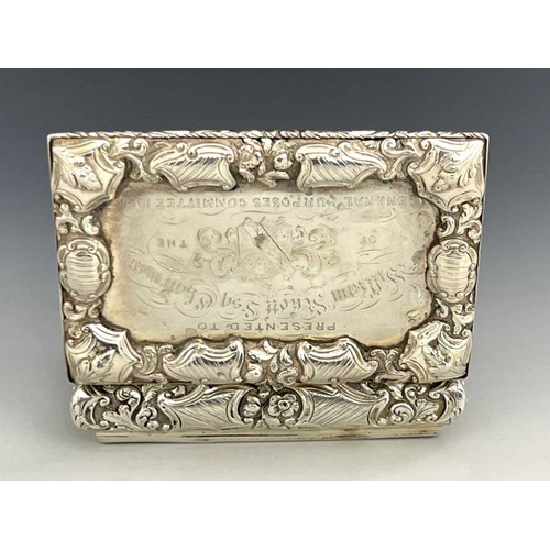 50A - A Victorian silver snuff box, Nathaniel Mills, Birmingham 1850, rectangular form, central inscriptio... 