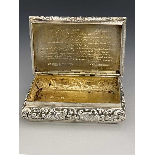 50A - A Victorian silver snuff box, Nathaniel Mills, Birmingham 1850, rectangular form, central inscriptio... 