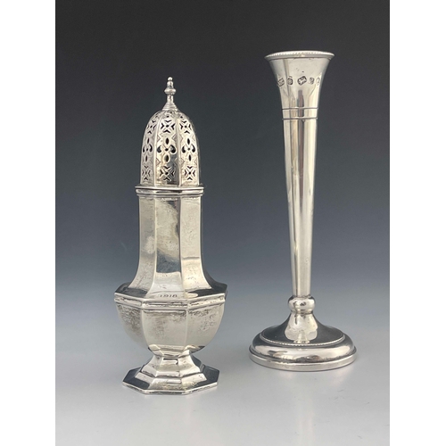 53 - A George V silver sugar caster, Martin, Hall and Co., Sheffield 1916, octagonal footed baluster form... 