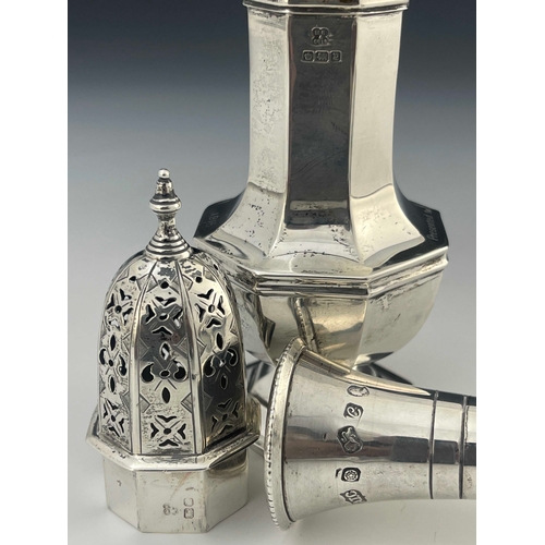 53 - A George V silver sugar caster, Martin, Hall and Co., Sheffield 1916, octagonal footed baluster form... 