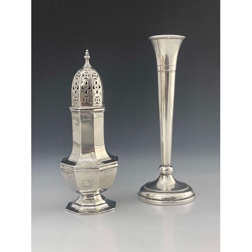 53 - A George V silver sugar caster, Martin, Hall and Co., Sheffield 1916, octagonal footed baluster form... 