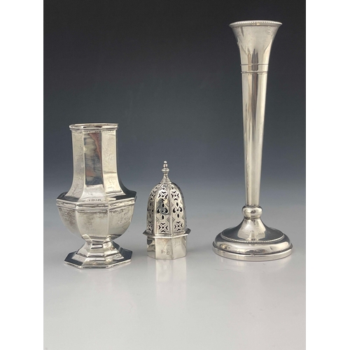 53 - A George V silver sugar caster, Martin, Hall and Co., Sheffield 1916, octagonal footed baluster form... 